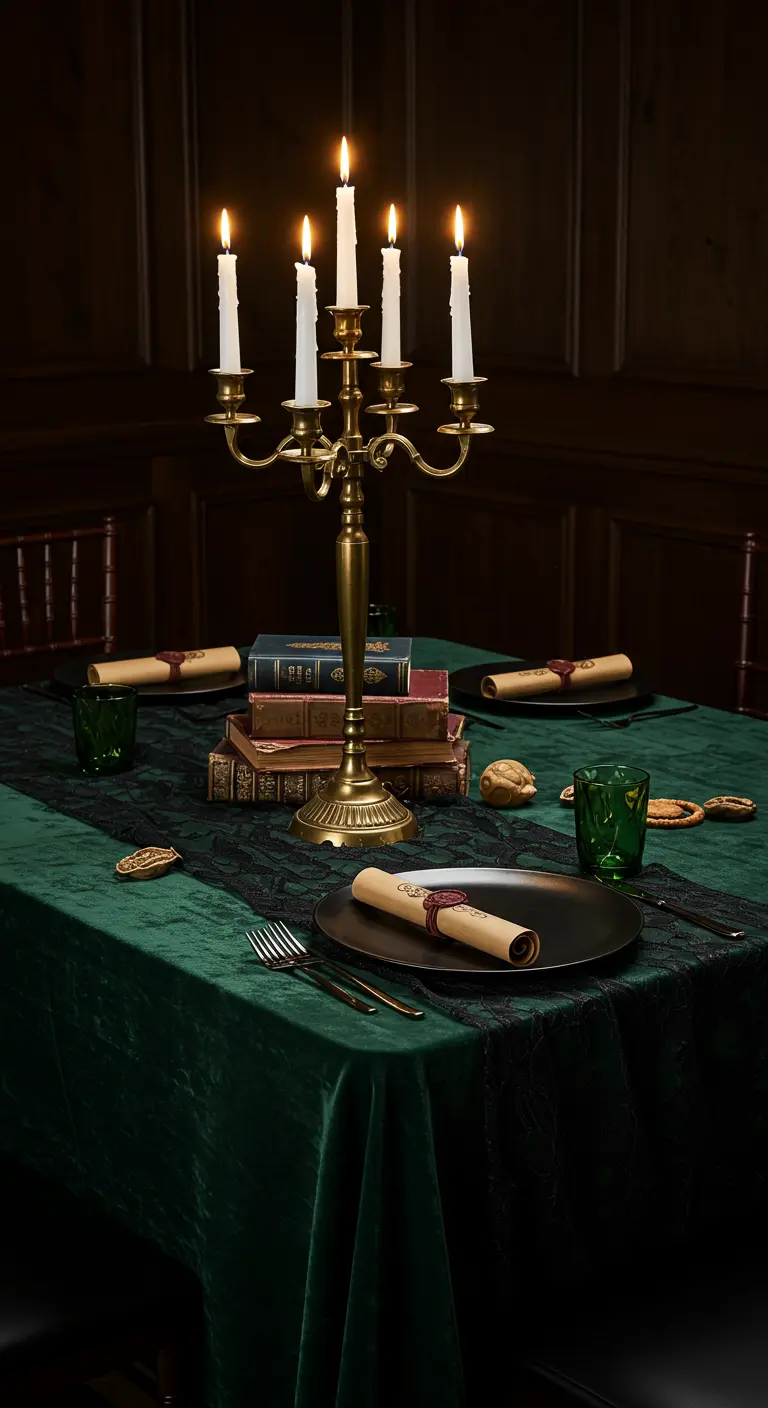 A green-themed table with a brass candelabra on a stack of books and rolled scrolls on plates.