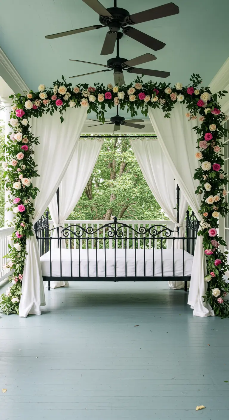 A black swinging daybed on a porch, framed by a massive floral arch and white curtains.