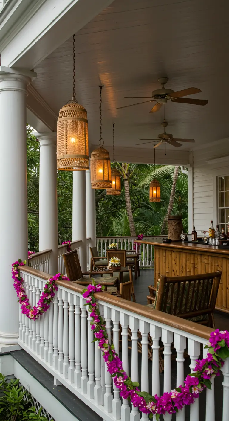 A tiki bar on a classic white veranda, with bougainvillea leis draped on the railing.