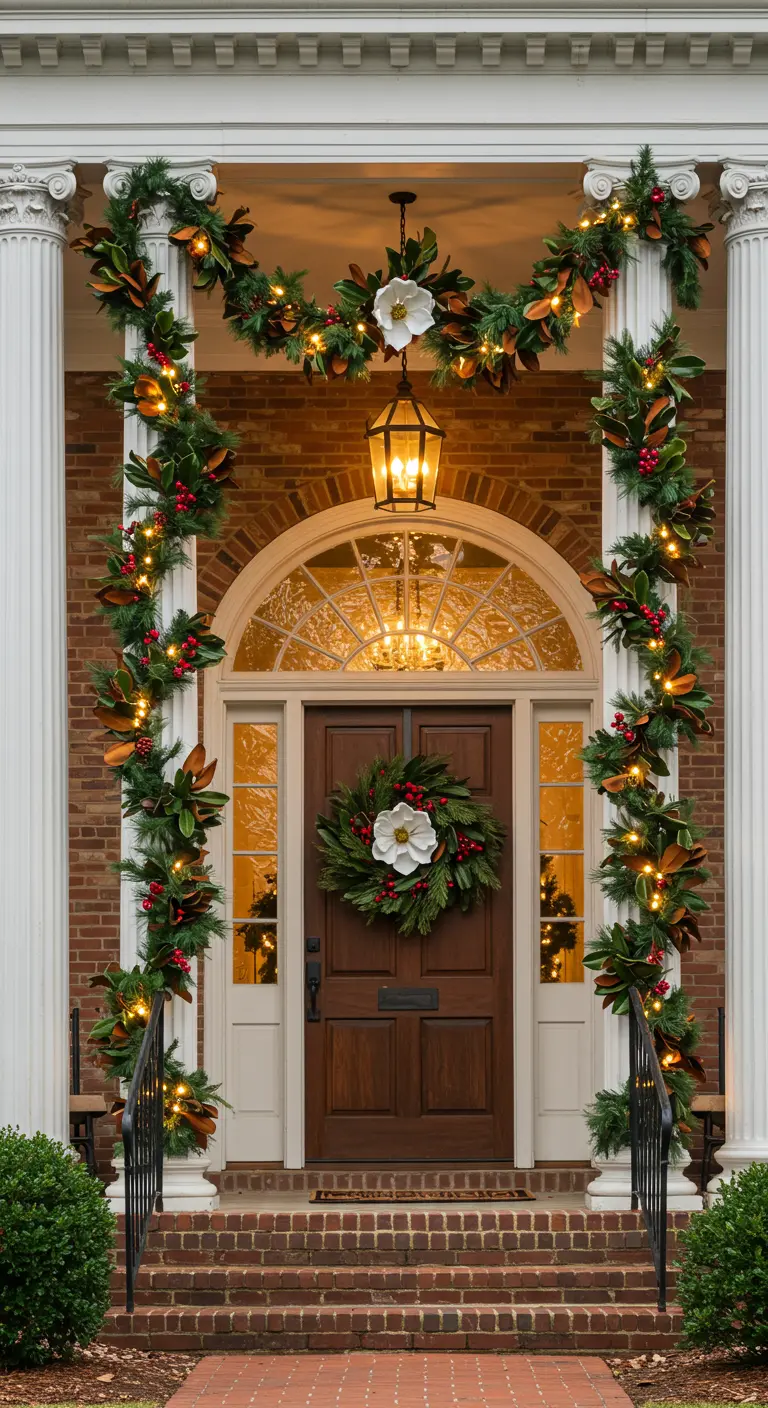 A grand brick entrance with columns wrapped in magnolia leaf garlands dotted with white magnolia flowers.