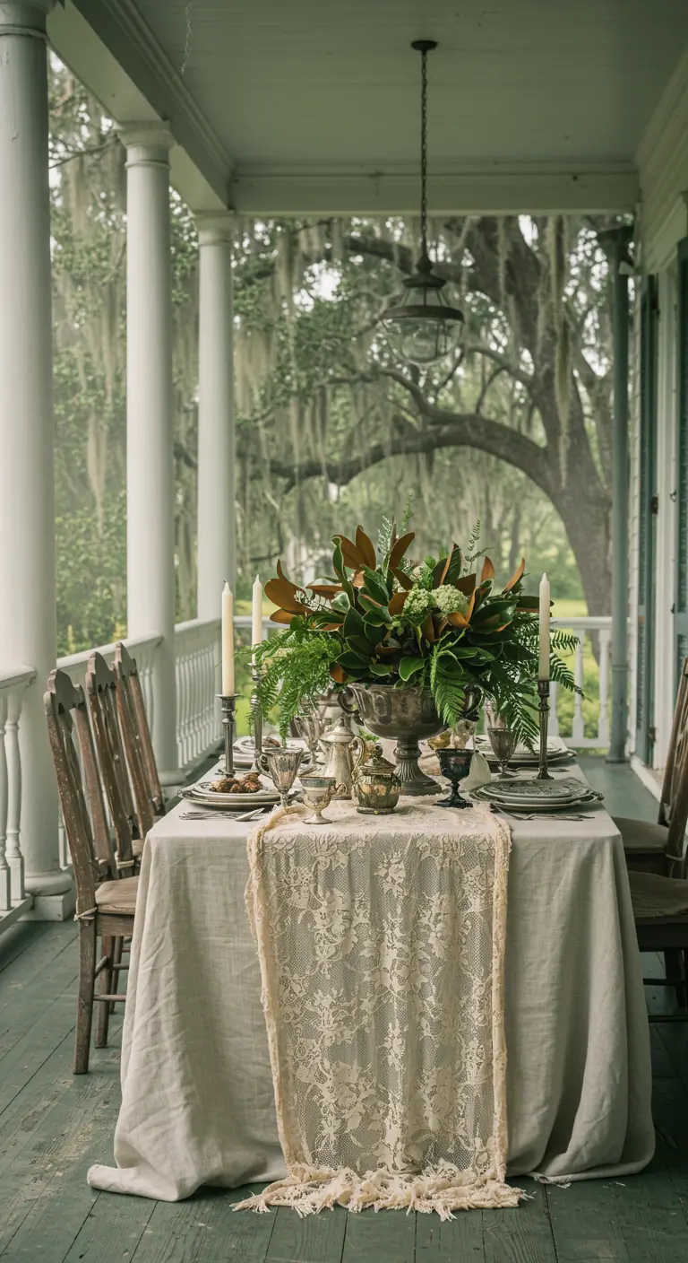 Elegant table on a Southern veranda with a magnolia leaf centerpiece.