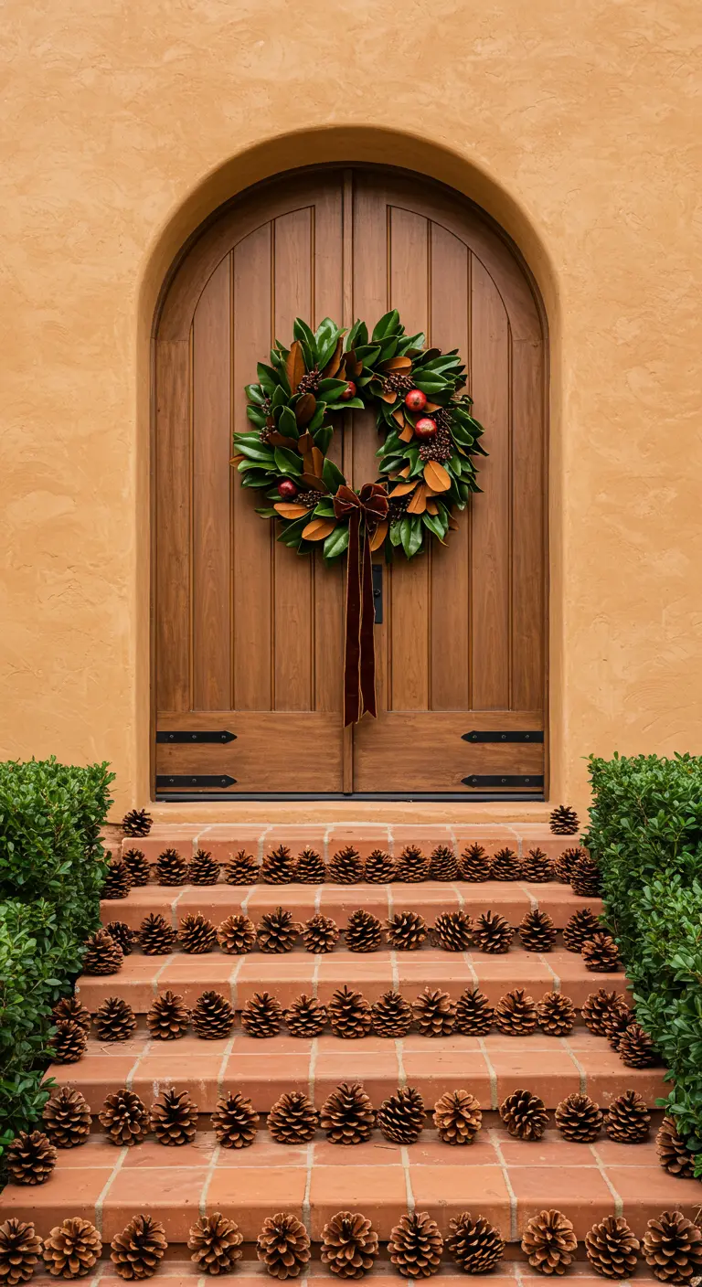 A magnolia leaf and pomegranate wreath on an arched wooden door, with steps lined with pinecones.