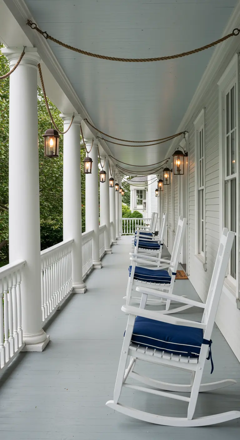 A long white porch with rocking chairs, with lanterns hanging from a thick rope swag.