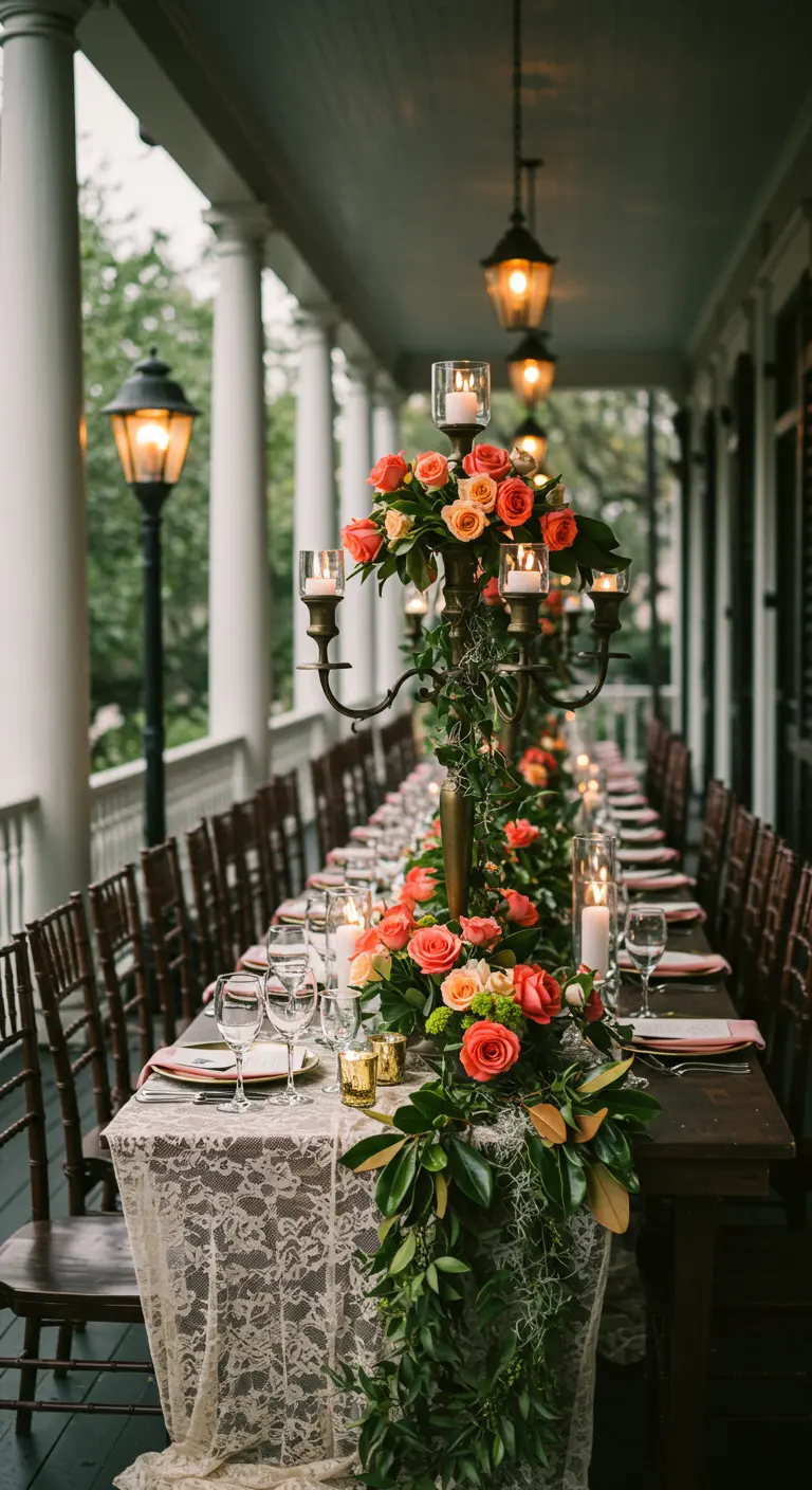 Southern porch wedding table with a lace runner, candelabra, and cascading greenery.