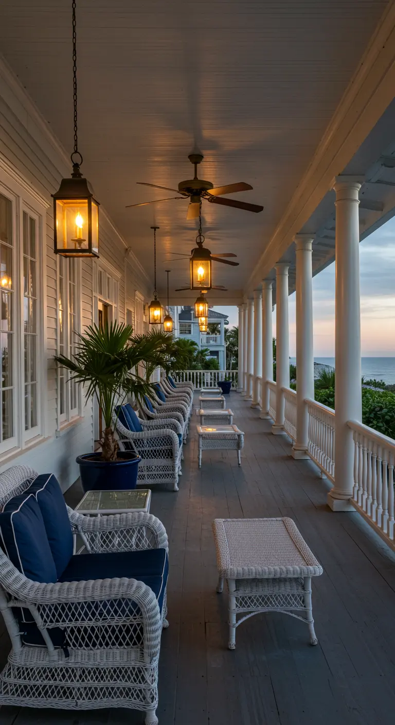 A long, white colonial-style veranda with wicker chairs, potted palms, and hanging lanterns.