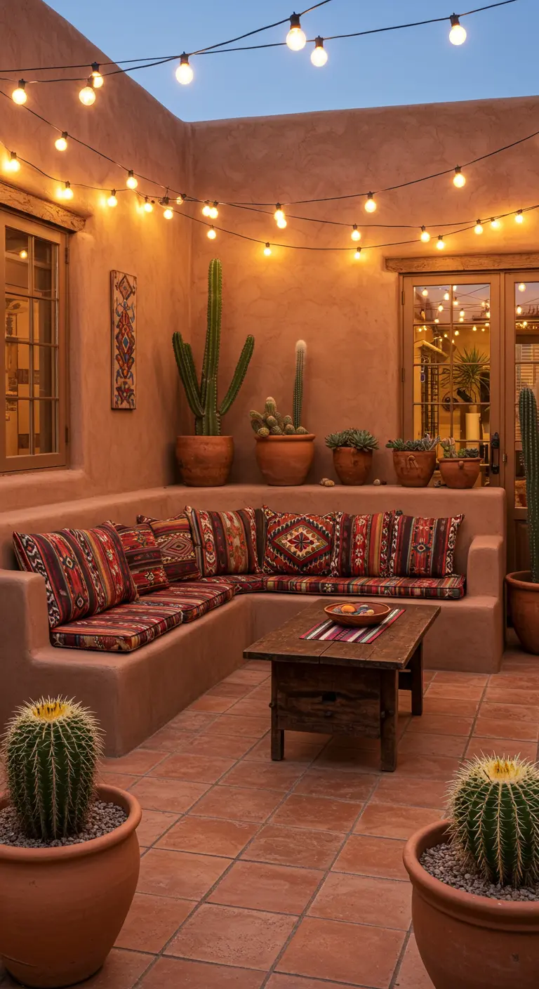 A southwestern courtyard with built-in seating, patterned cushions, and cacti under globe lights.