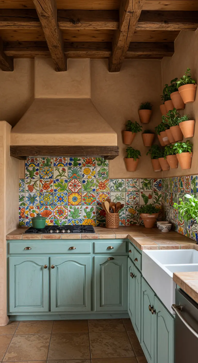 Southwestern-style kitchen with light teal cabinets and a colorful Talavera tile backsplash.