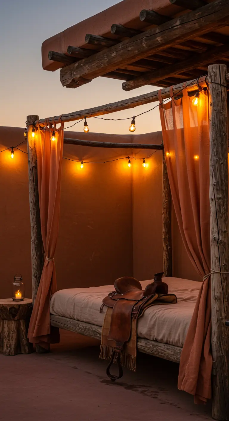 Rustic log canopy bed with terracotta curtains in a desert-style setting.