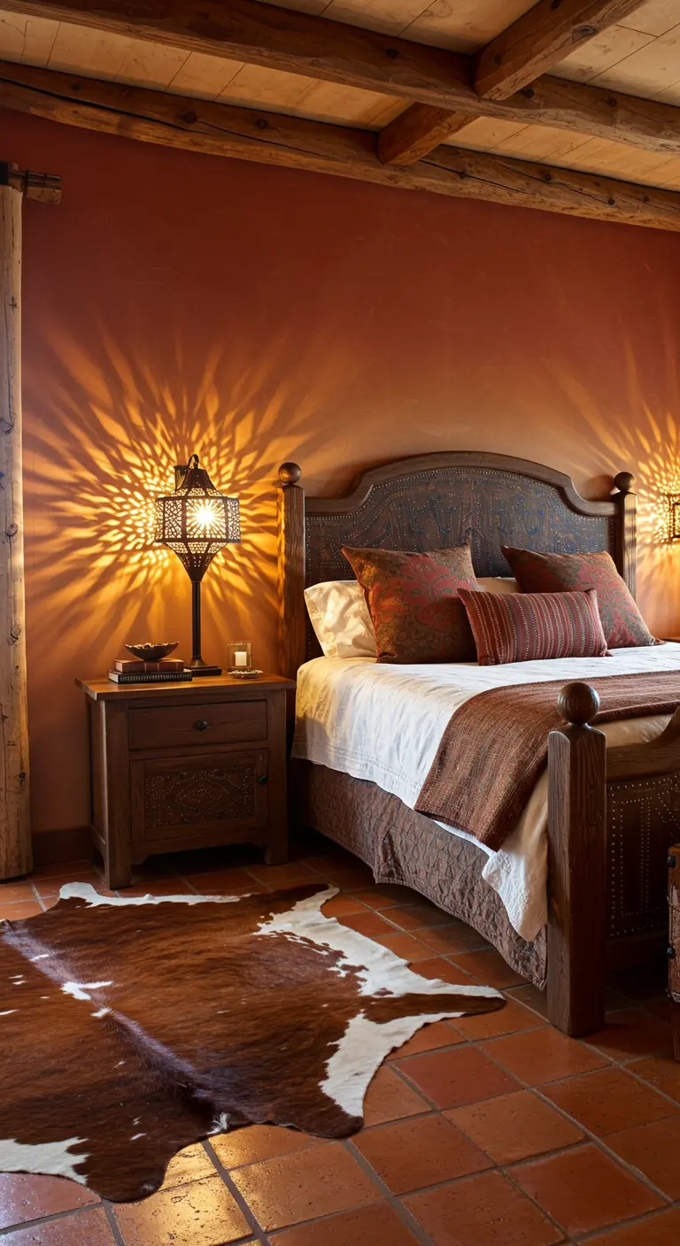 A Southwestern-style bedroom with a terracotta wall and a pierced tin lamp casting light patterns.