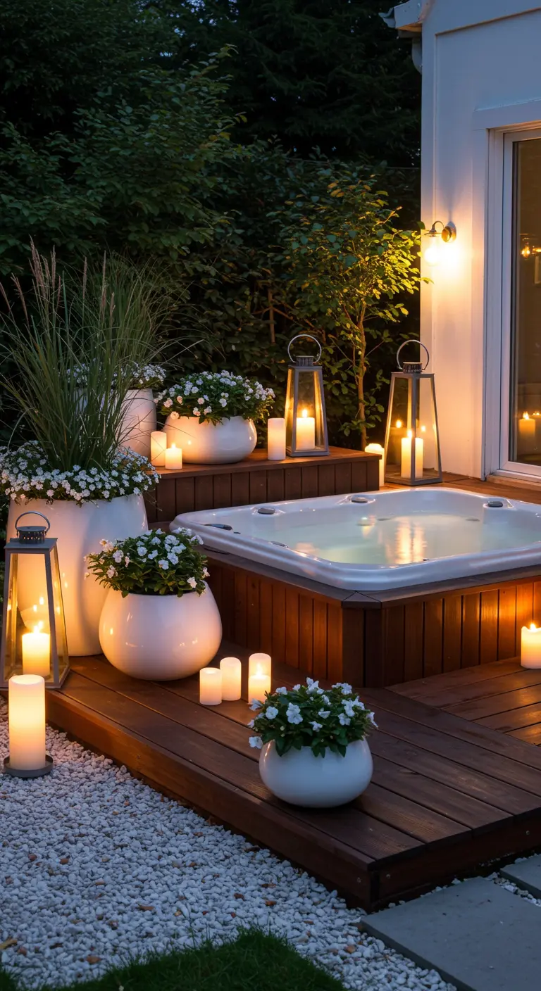 A hot tub deck decorated with round white planters, flowers, and numerous lanterns and candles.