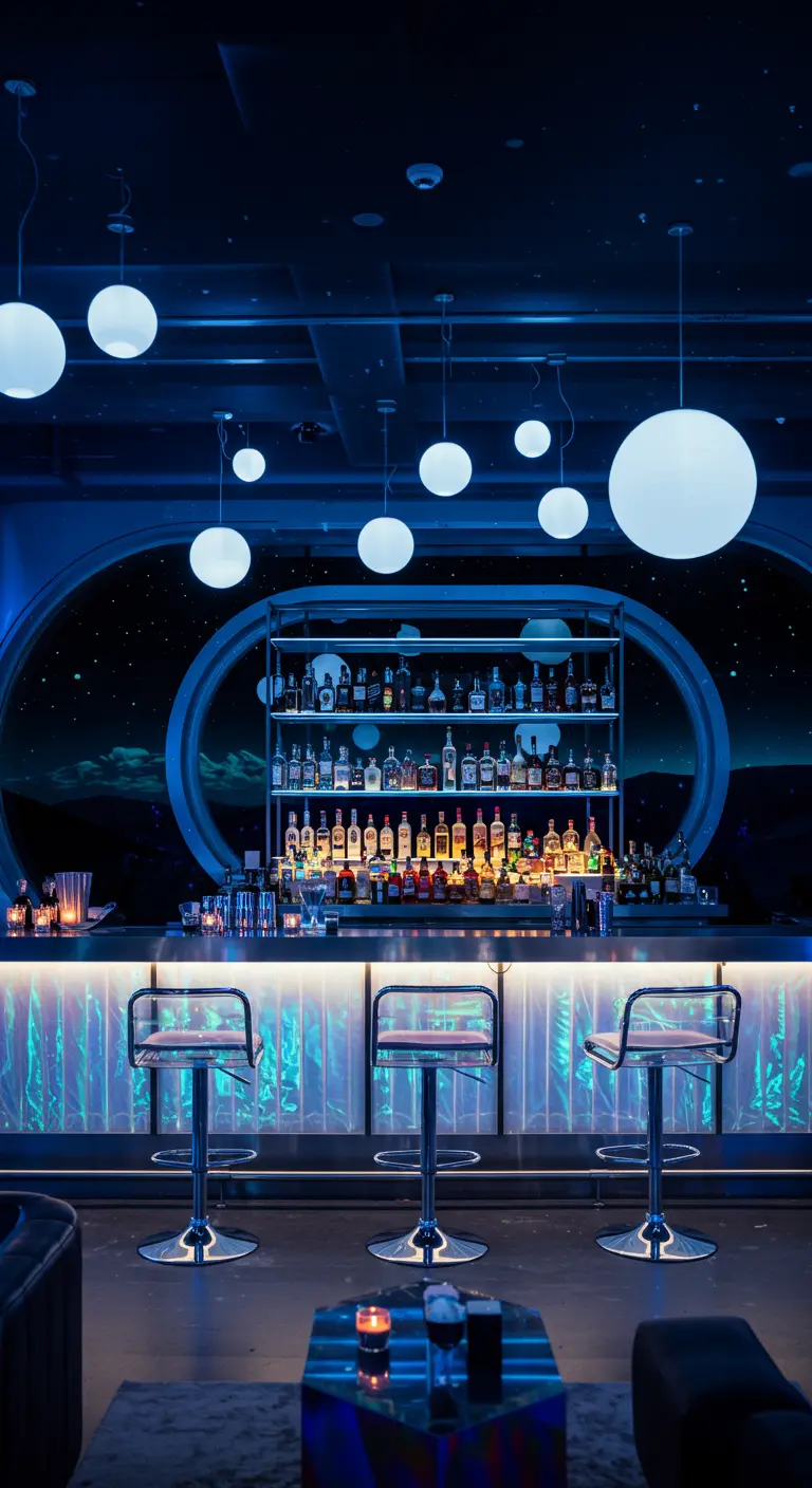A futuristic bar with an iridescent front, round windows showing space, and orb-like lights.
