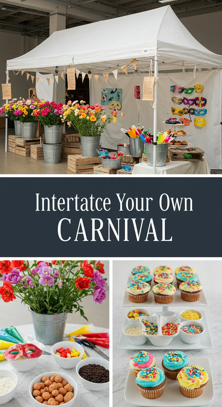A DIY carnival station with flowers for crafting and cupcakes with sprinkles for decorating.