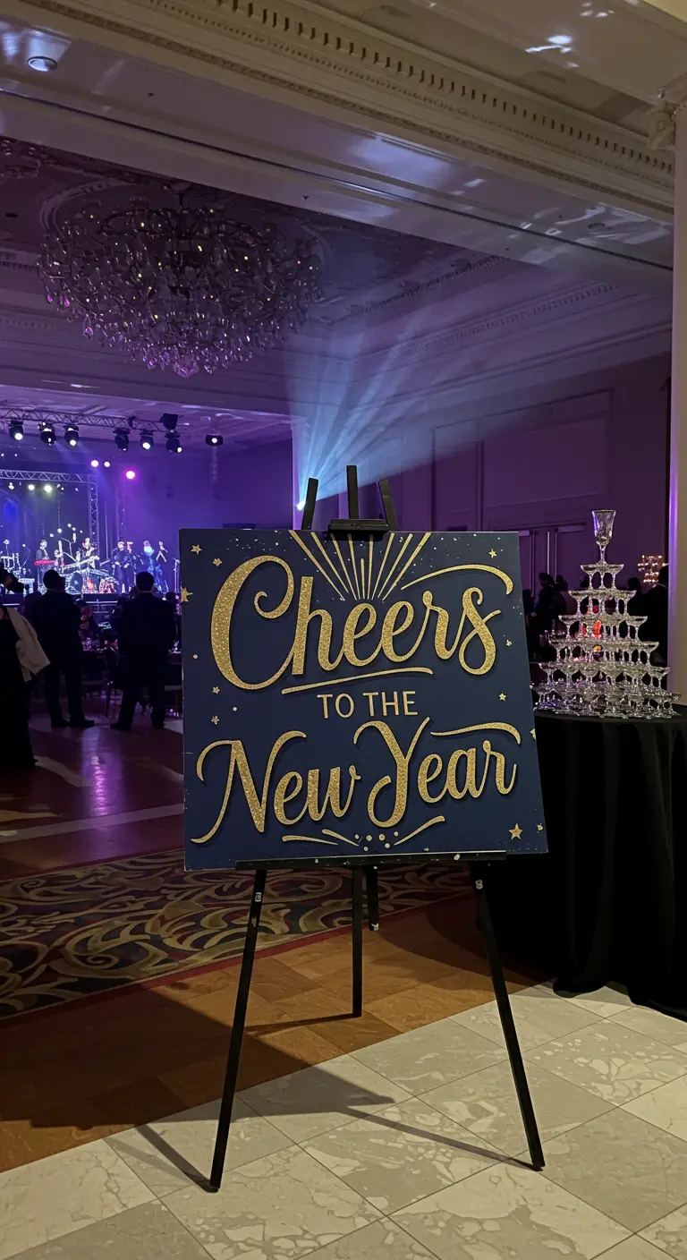 A glittery 'Cheers to the New Year' sign on a navy blue board at a formal event.