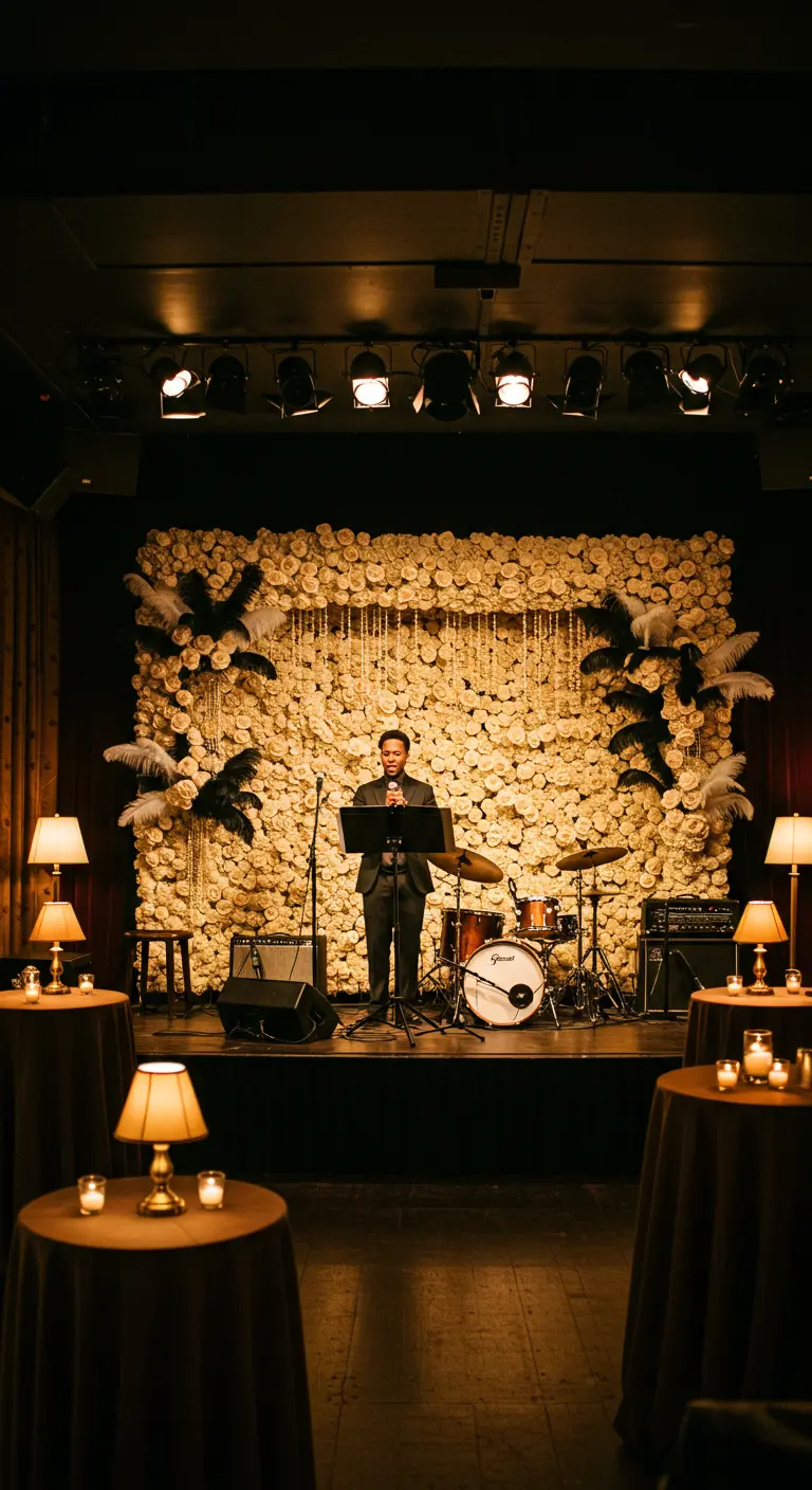A stage backdrop made of an ivory flower wall, decorated with hanging crystals and feathers.