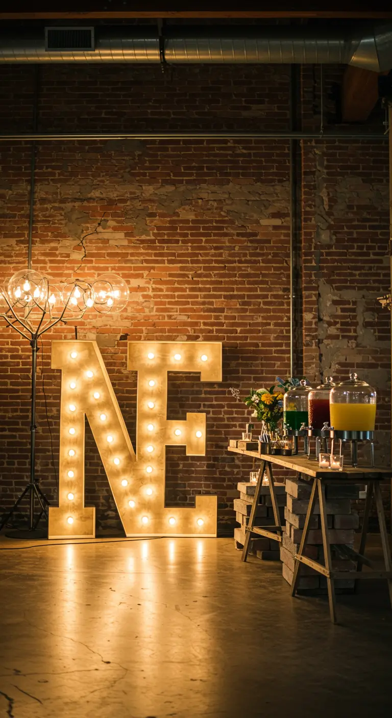 Large, homemade marquee letters 'NE' lit up next to a drink station.