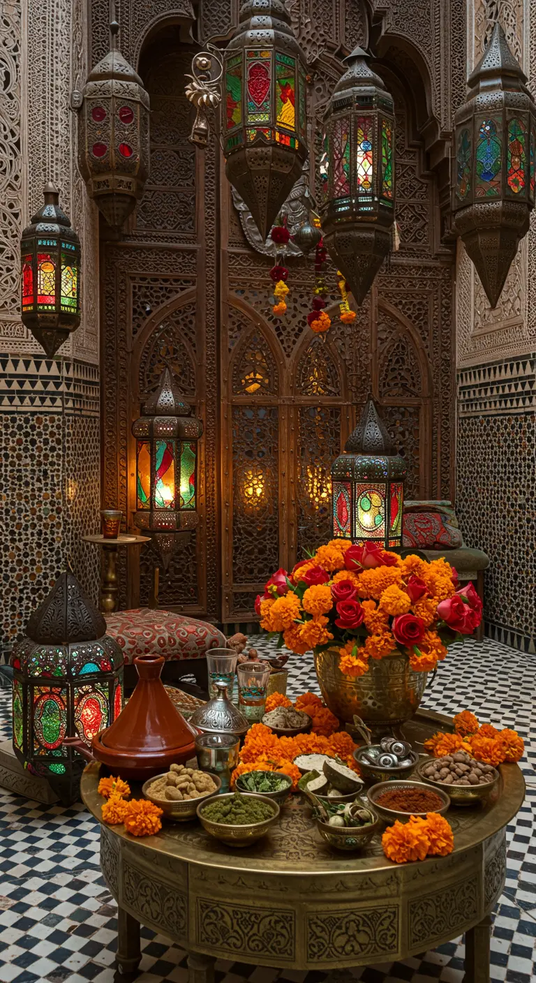 An opulent Moroccan courtyard with colorful lanterns, a brass table, and bowls of snacks.