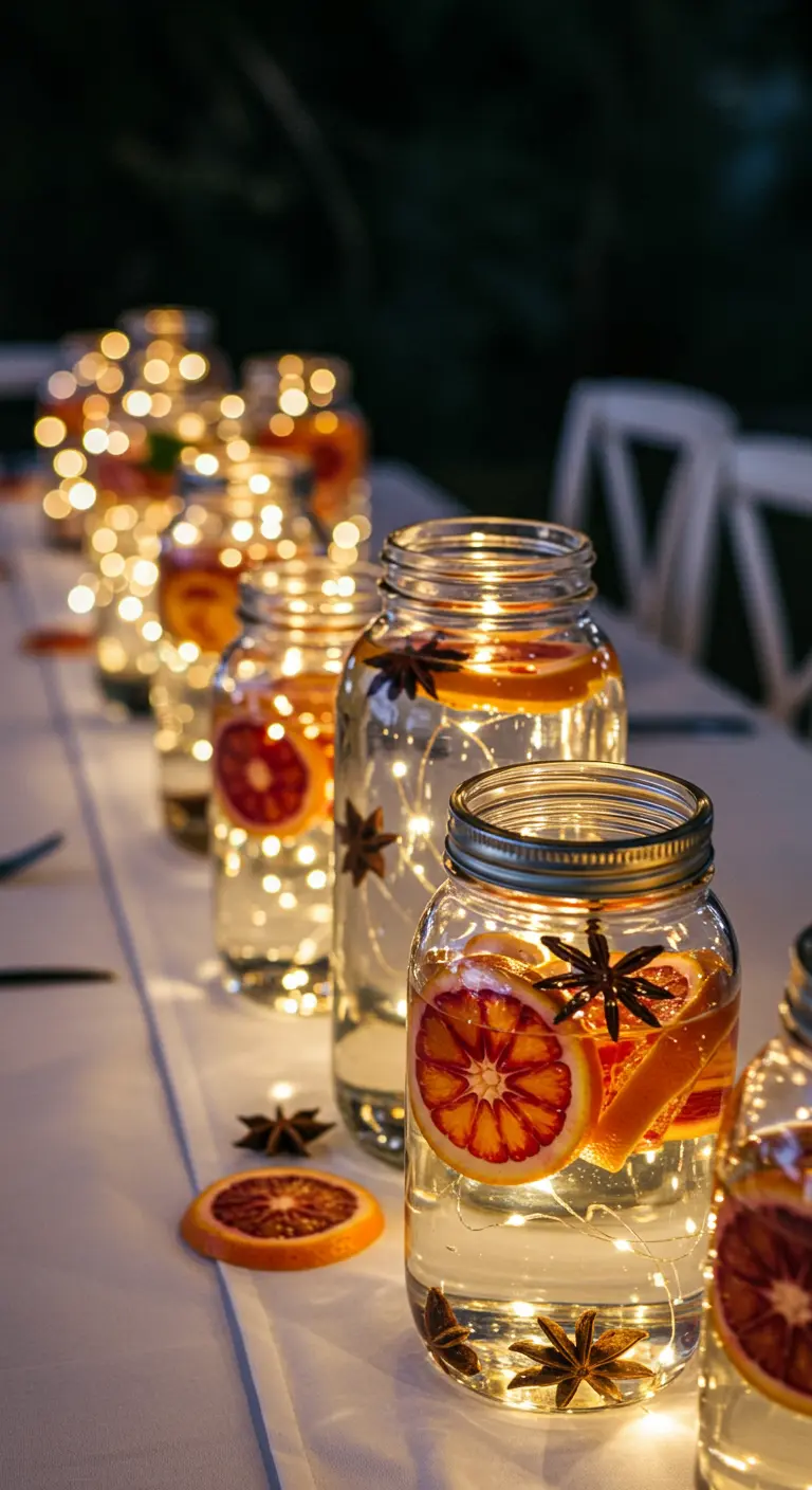 Mason jars filled with water, orange slices, star anise, and fairy lights.