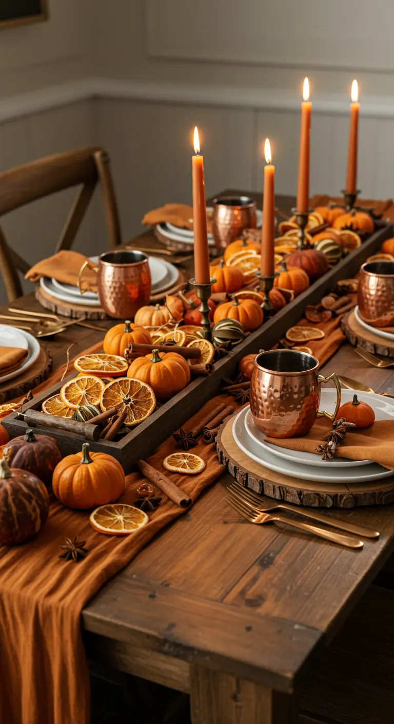 A rustic table with a centerpiece of dried oranges, cinnamon, and pumpkins, complemented by copper mugs.