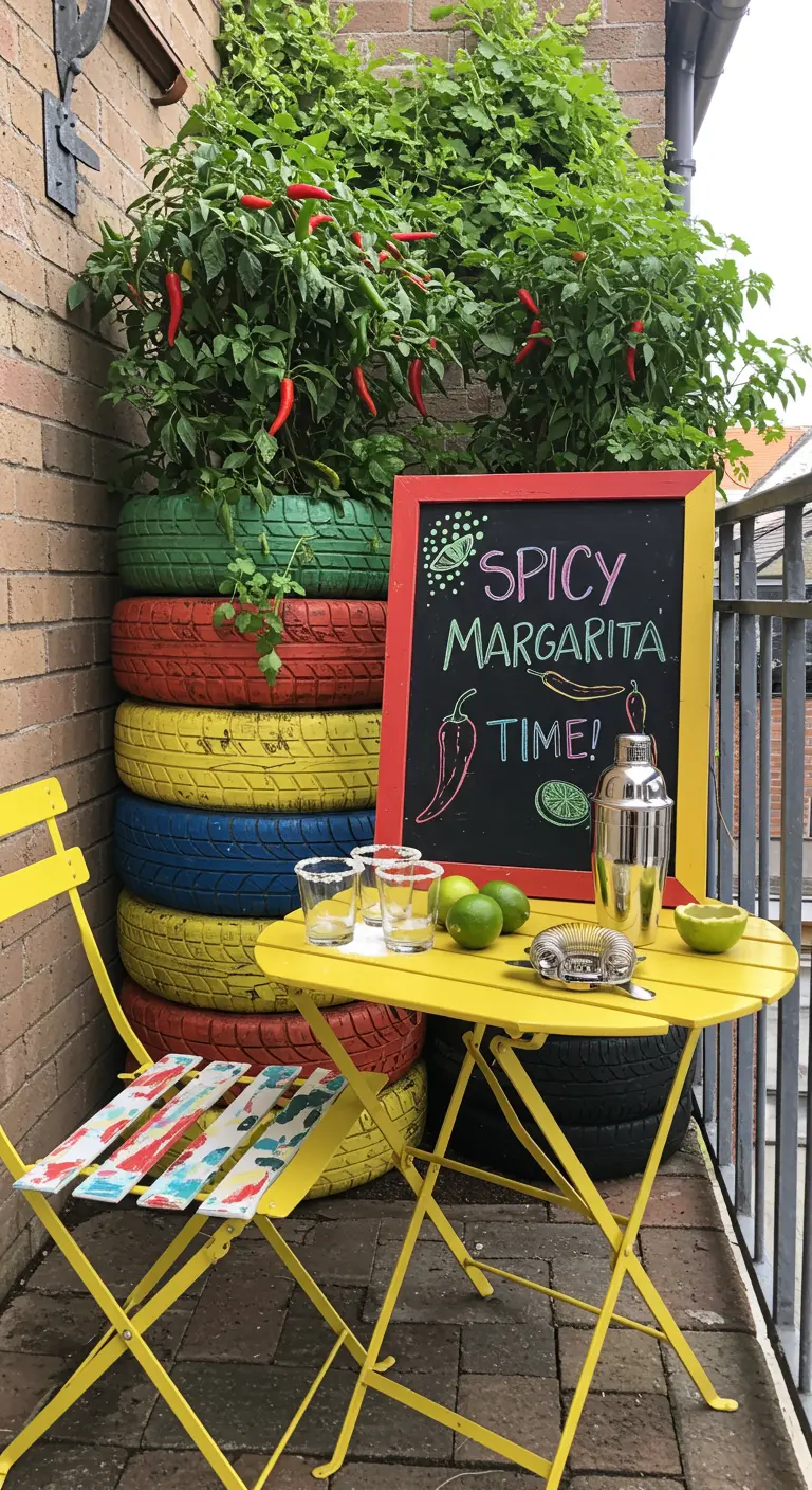 A vibrant balcony corner with a chili plant growing out of colorful stacked tires.