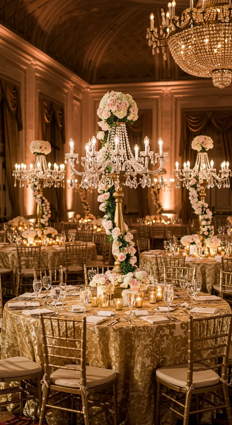Ornate gold candelabra with a spiral of pink roses climbing its stem in a lavish ballroom.