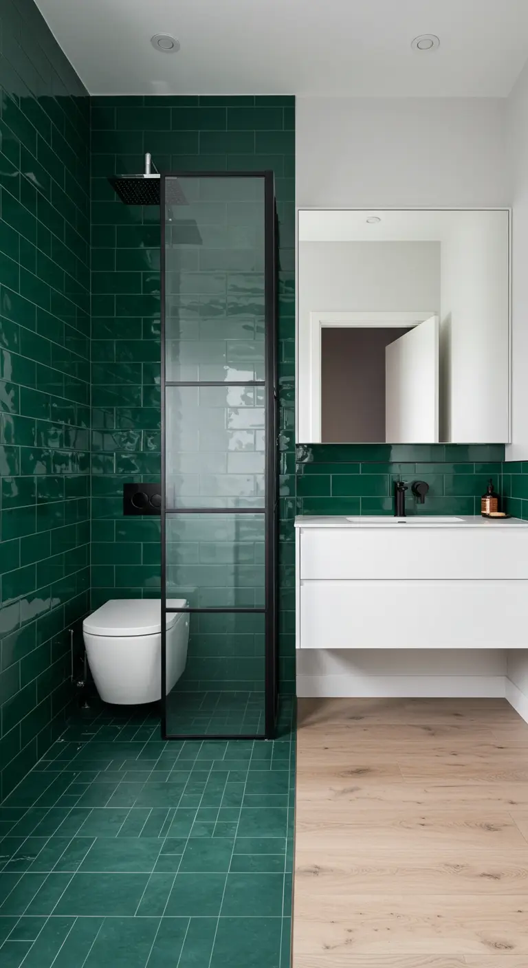 A bathroom where the shower area is tiled in green and the vanity area has light wood flooring.