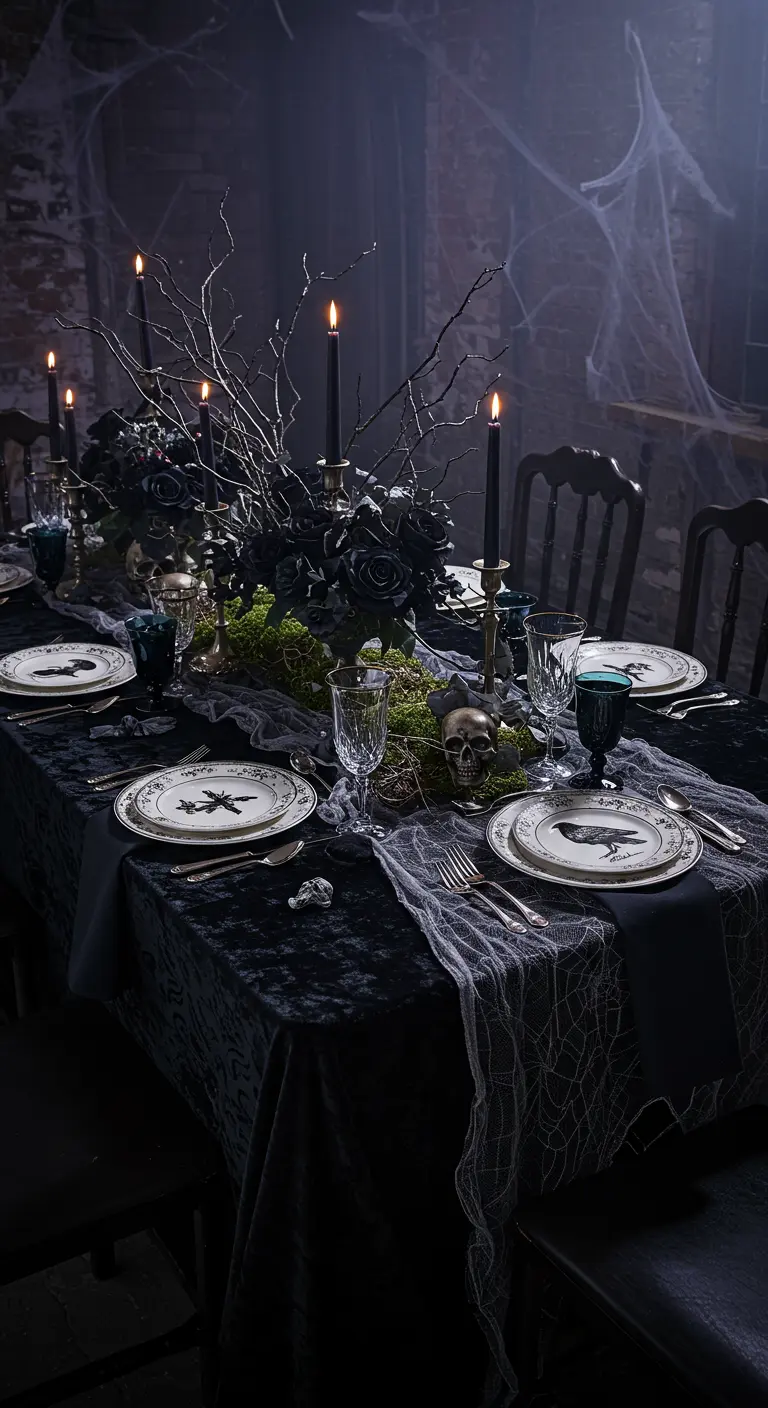 Elegant Halloween table with black branches, a raven motif, and cobwebs.