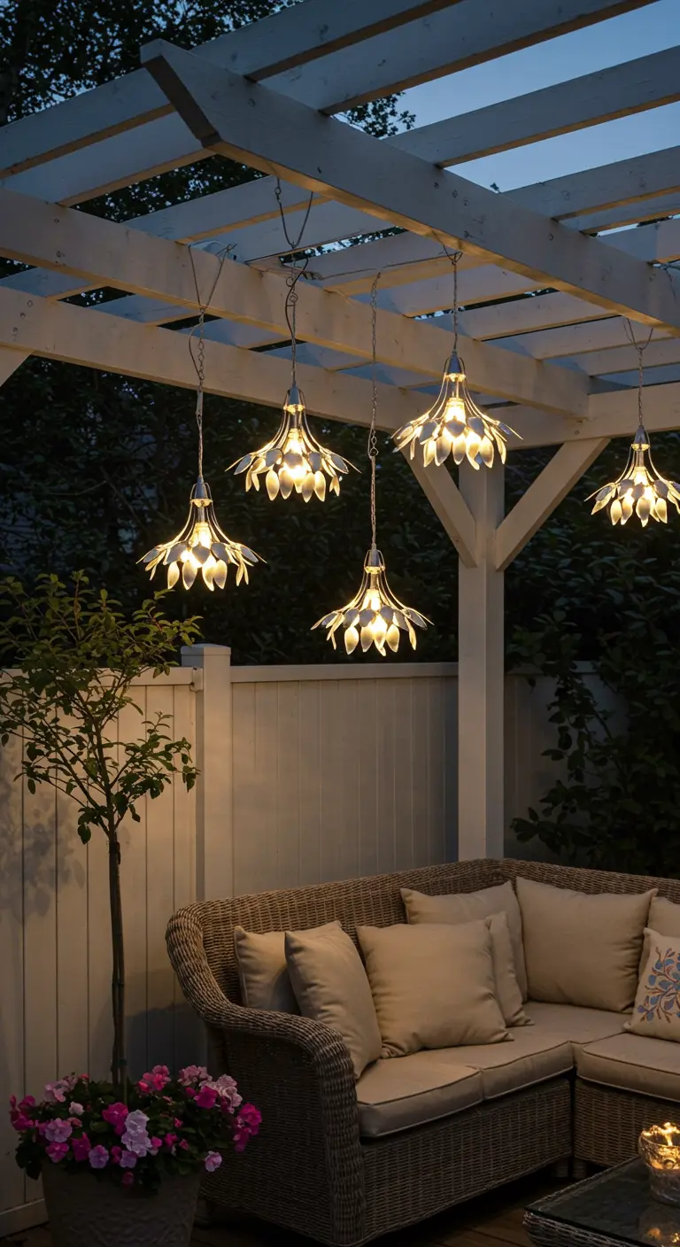 Hanging solar-powered spoon flower lights creating a chandelier effect under a white pergola.