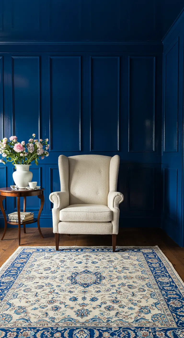 A single cream wingback chair against a glossy, deep blue paneled wall on a blue and white rug.