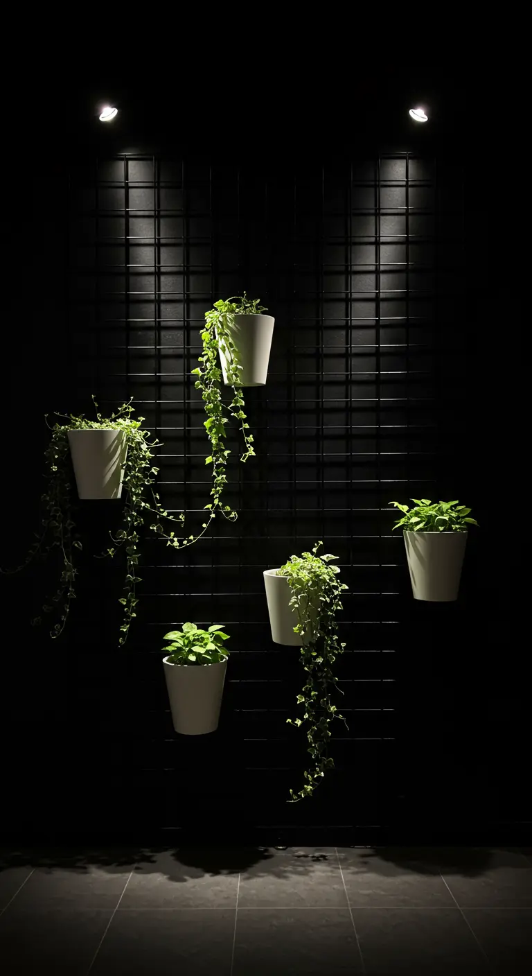 Five white planters with green plants on a black grid, spotlit against a black wall.