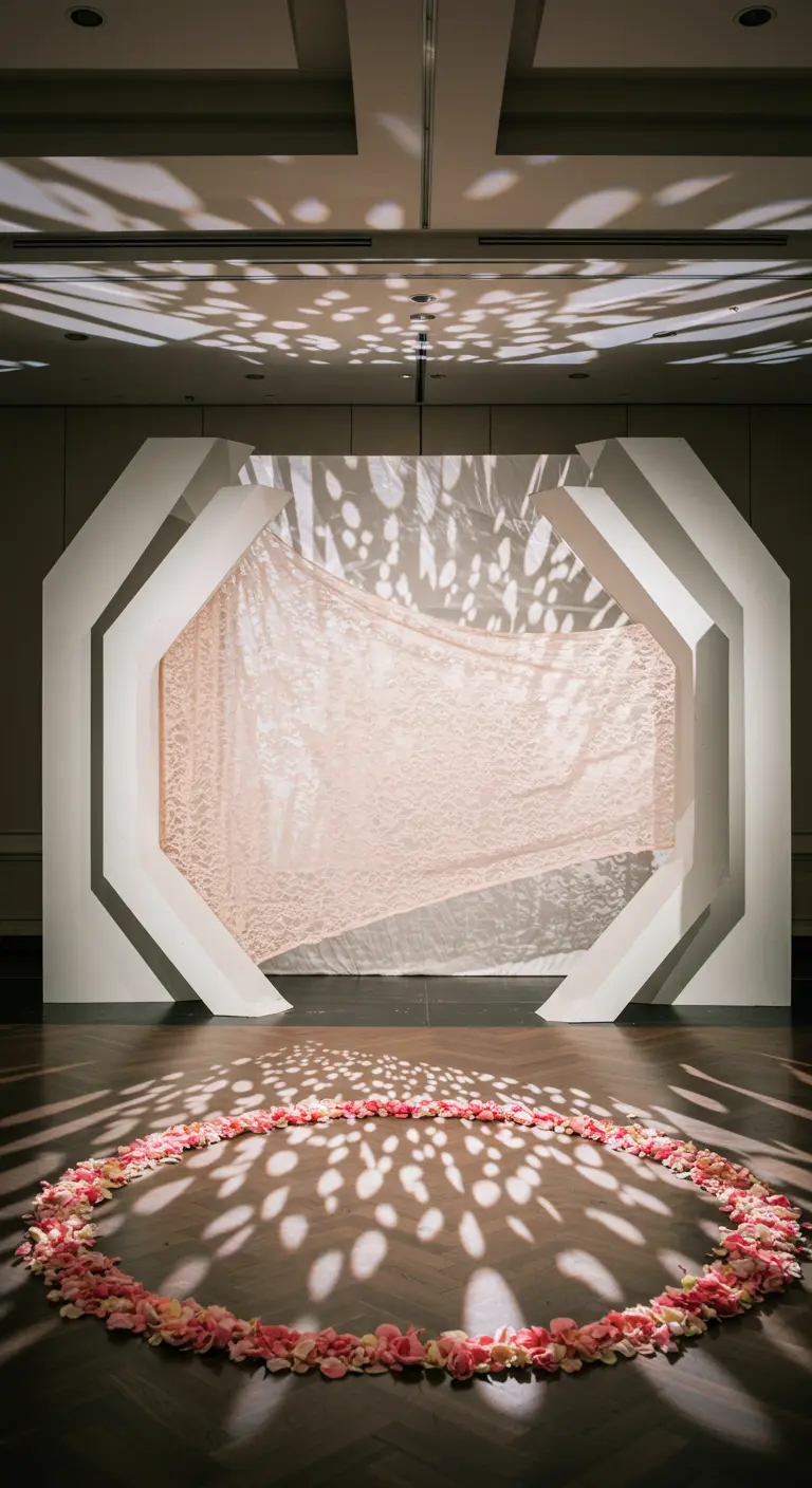 A piece of lace suspended in a modern white frame with projected light creating patterns.