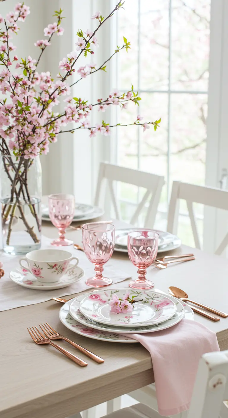 A bright and airy spring table setting with pink floral china and cherry blossoms.