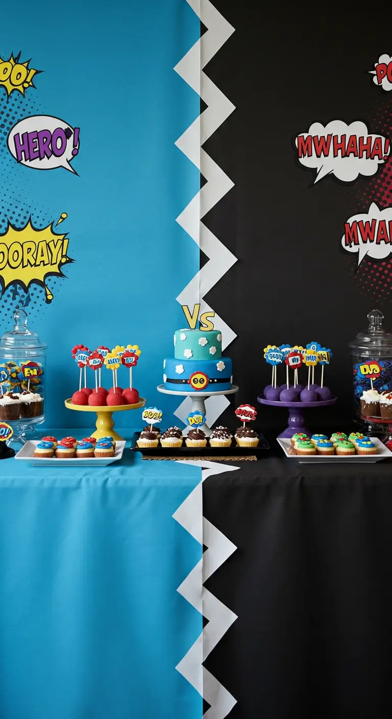 A hero vs. villain themed dessert table split into blue and black sides.