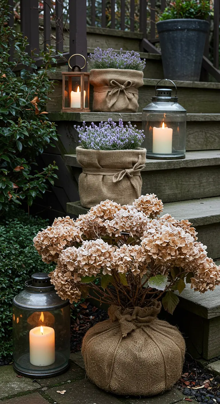 Outdoor steps decorated with burlap-wrapped lavender, dried hydrangeas, and large glass lanterns.
