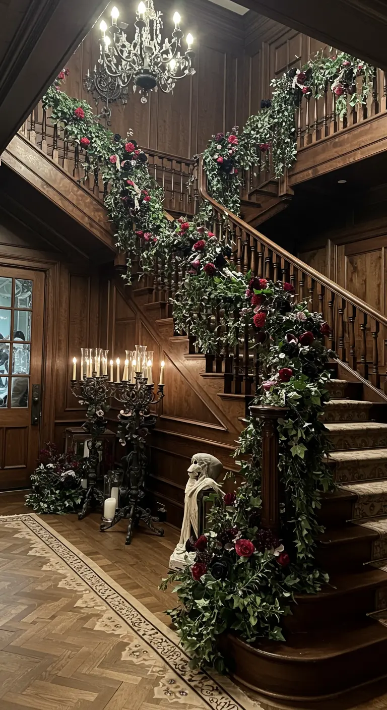 A grand wooden staircase lavishly decorated with dark green and red floral garlands for Halloween.