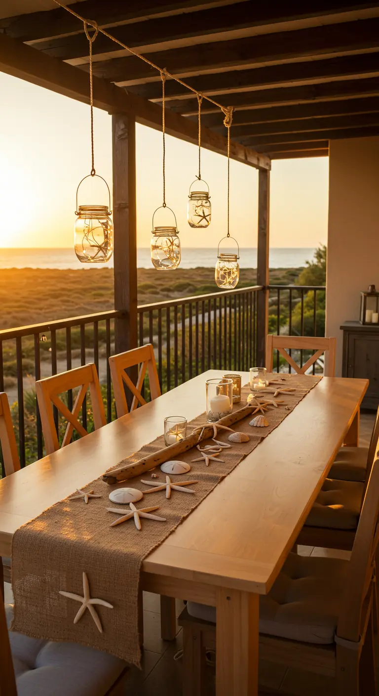 Wood table with a burlap runner and starfish, with hanging mason jar lanterns above.