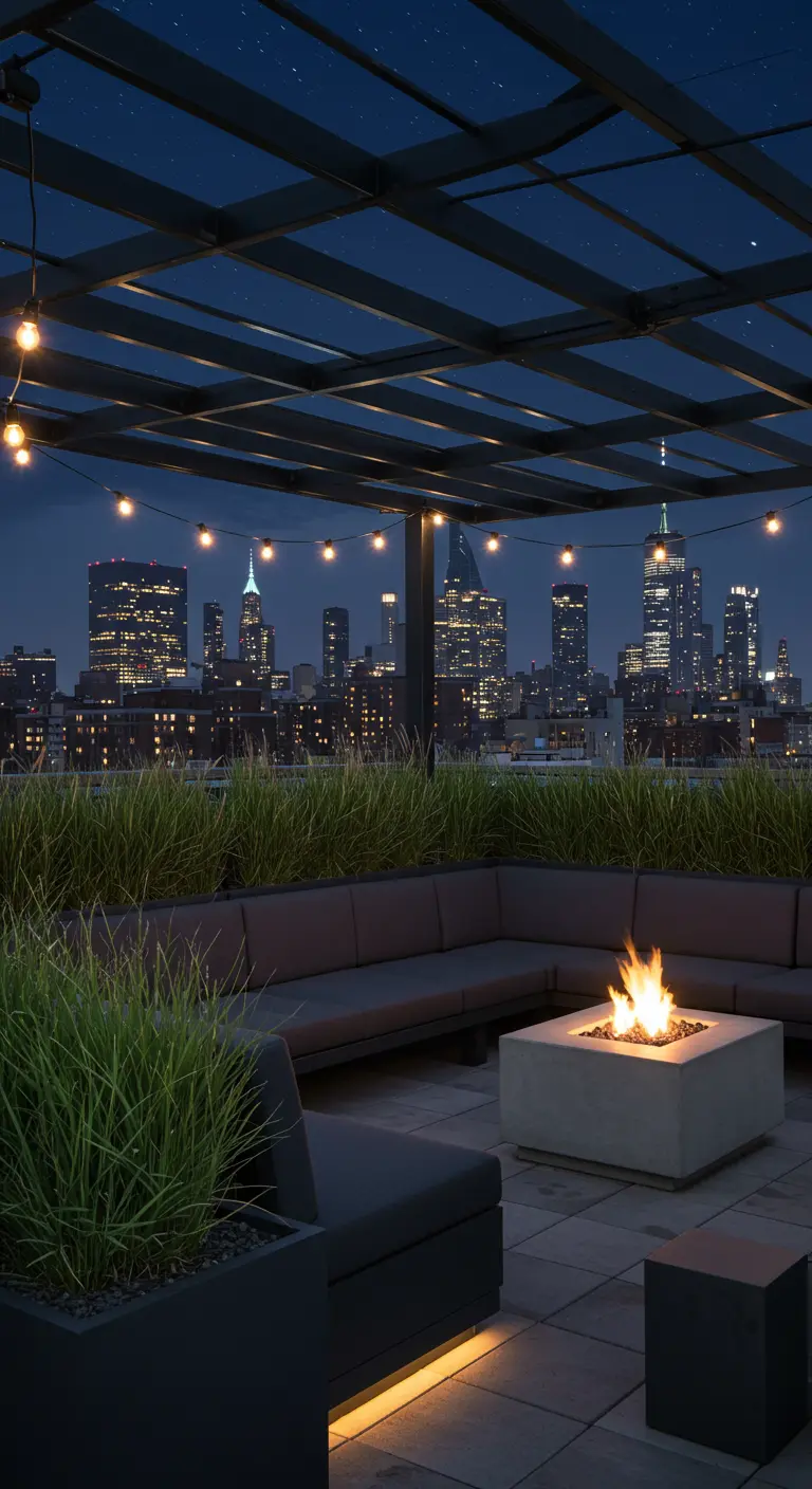 Modern rooftop patio at night with a fire pit, sectional sofa, and dramatic views of the city skyline.