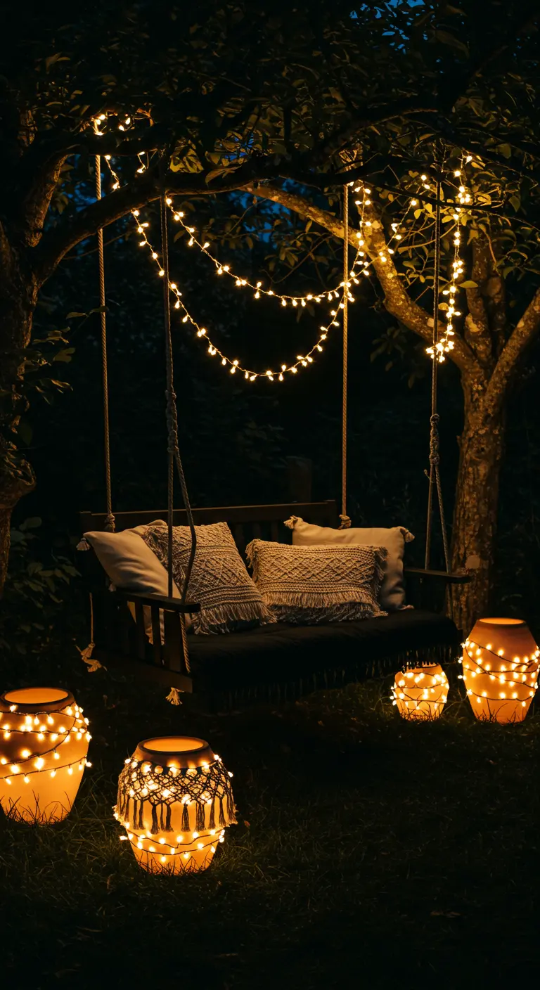 Night scene with a dark swing sofa and terracotta pots wrapped in fairy lights.