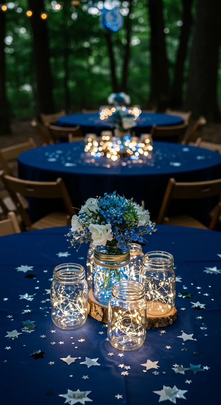 Mason jars with lights and flowers on a blue table with star confetti.