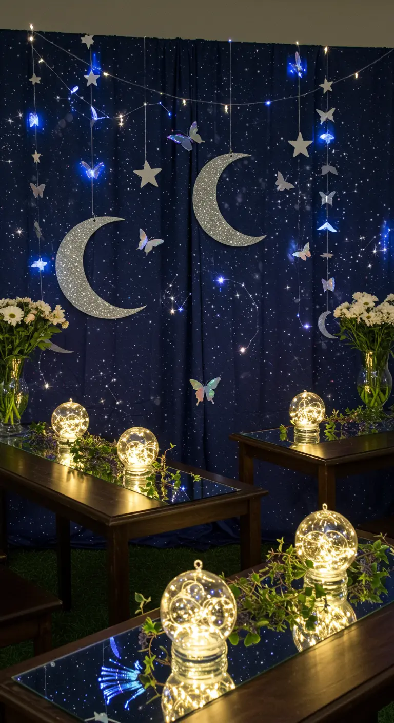 Celestial party theme with moon decor, a starry backdrop, and mirrored tables.
