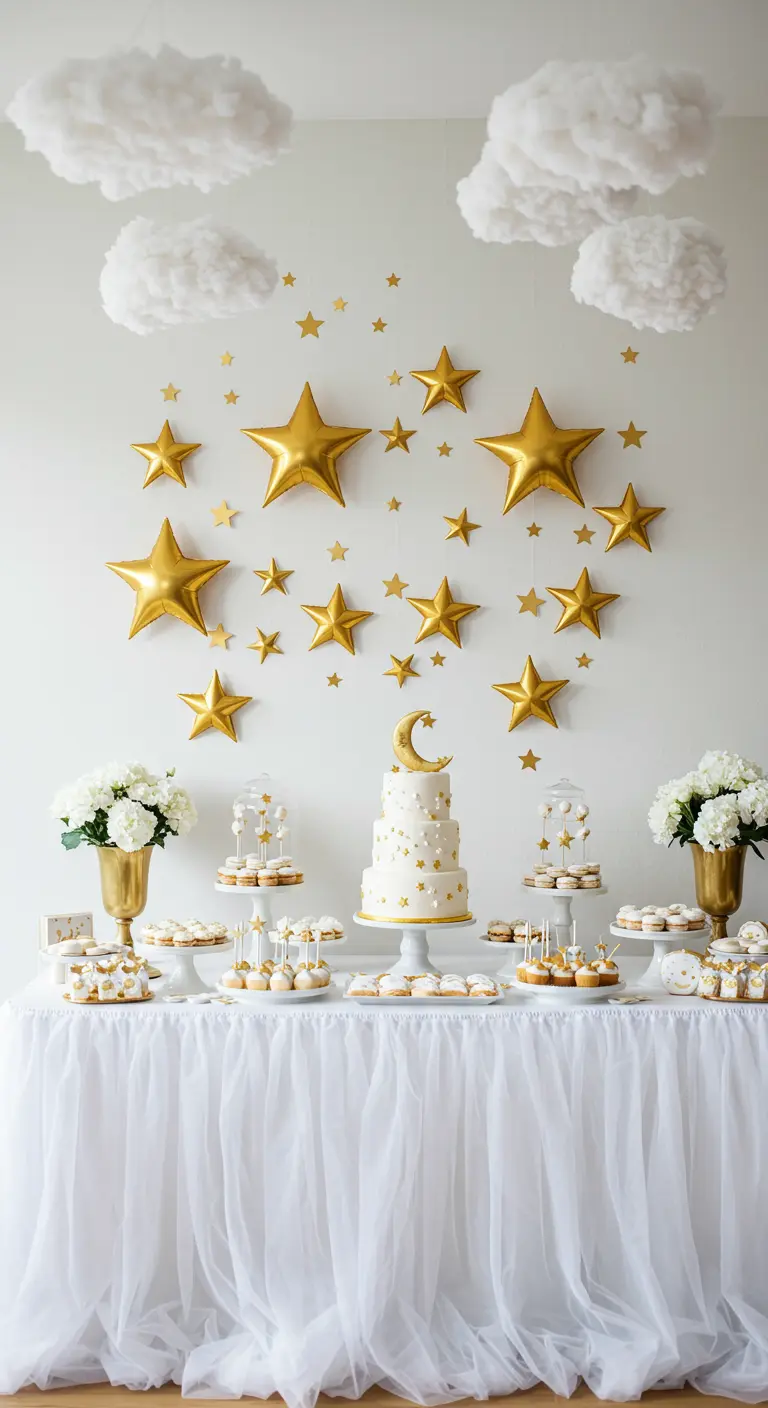 A white dessert table with a backdrop of gold stars and fluffy white clouds.