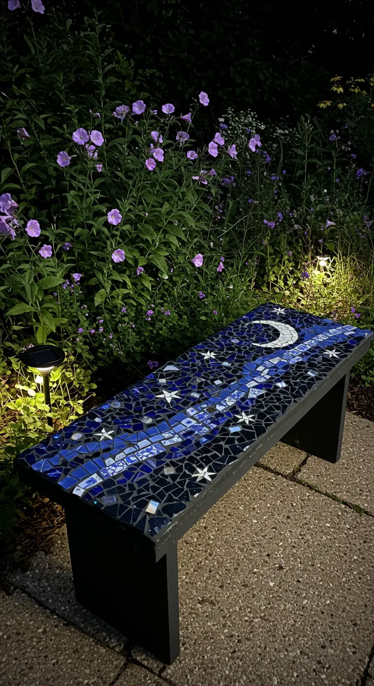 A dark bench with a mosaic of a starry night sky and crescent moon, illuminated by garden lights.