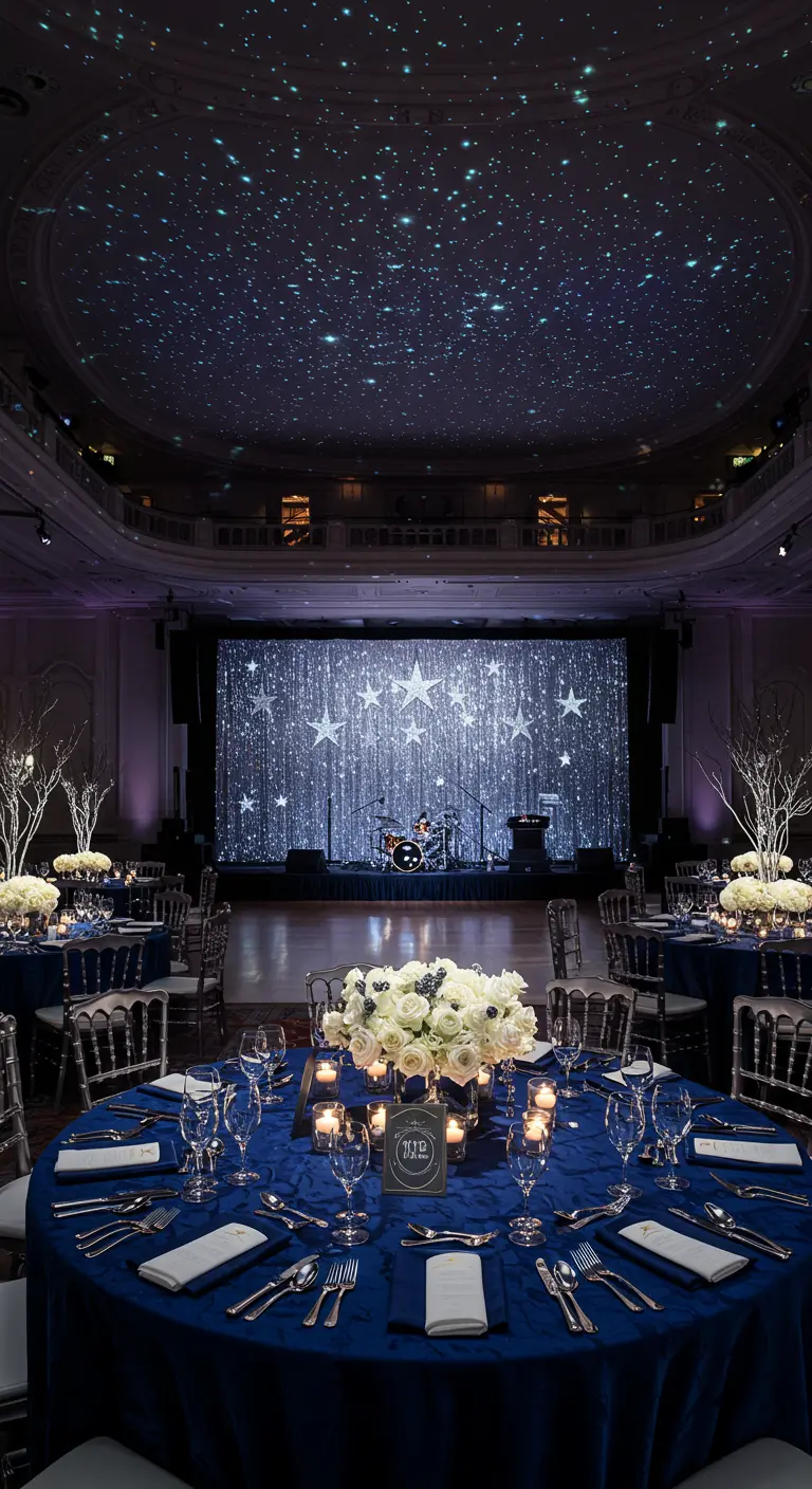 Starry night projection on a ballroom ceiling above tables with blue velvet tablecloths.