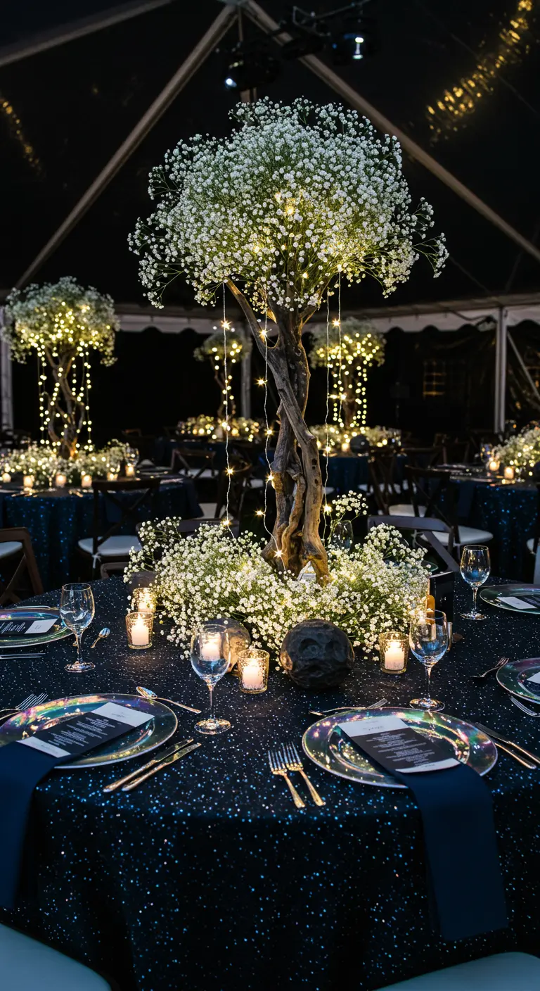 A centerpiece of a driftwood tree with baby's breath and fairy lights on a sequined navy tablecloth.