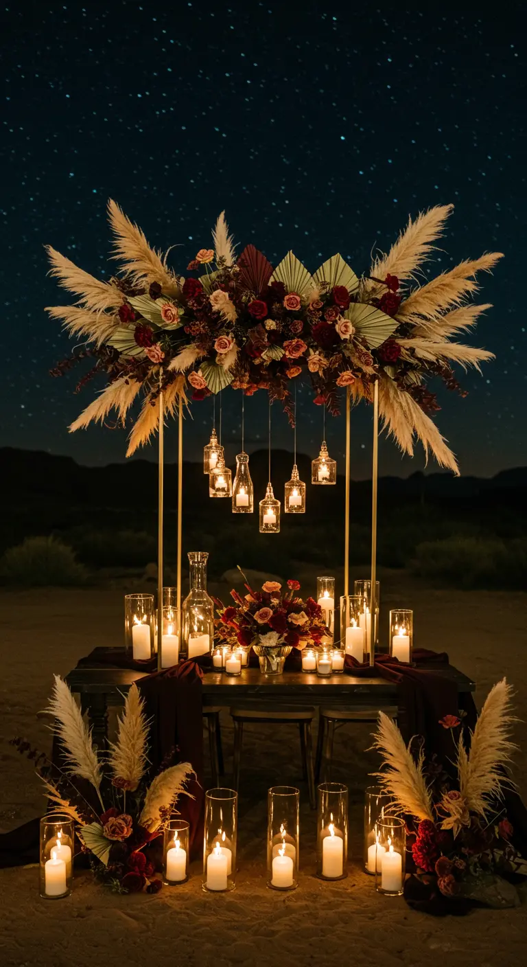 A sweetheart table under a floral installation with hanging candles at night.