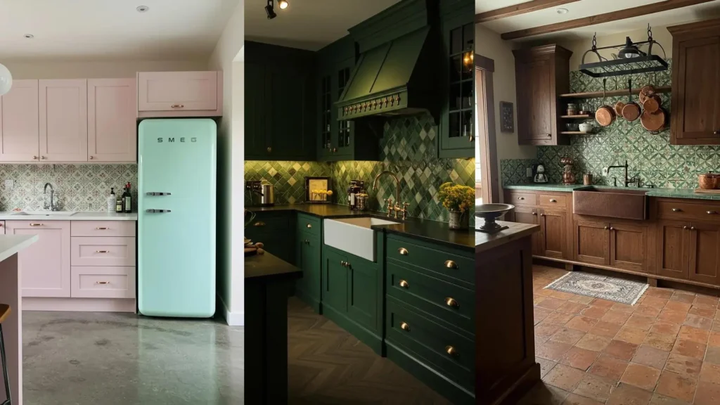 Three kitchens featuring statement tile backsplashes with vibrant Moroccan patterns, showcasing diverse decor styles.