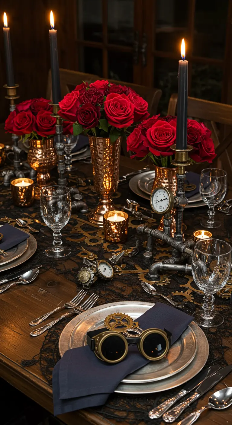 Steampunk-themed Halloween table with gears, goggles, copper vases, and red roses.