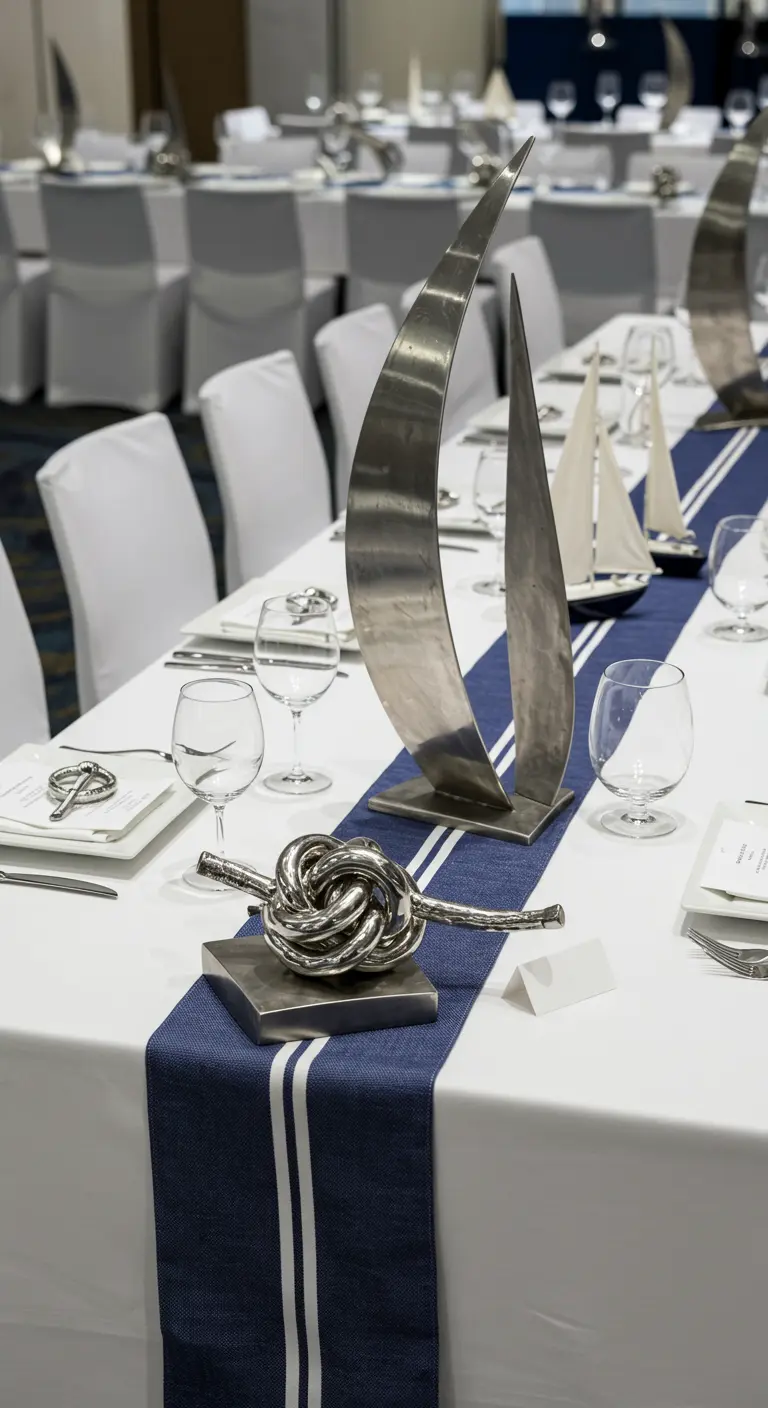 Modern nautical table with a silver sailboat sculpture and a polished metal knot.