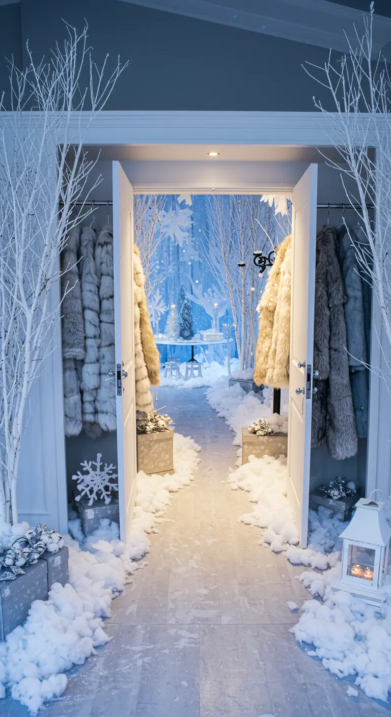 A party entrance designed as a wardrobe opening into a snowy Narnian scene.