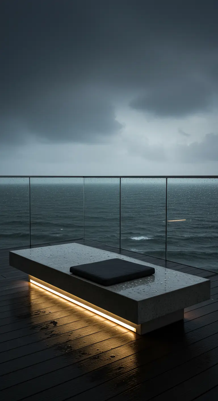 A concrete bench with warm underglow on a wet balcony overlooking a stormy sea.