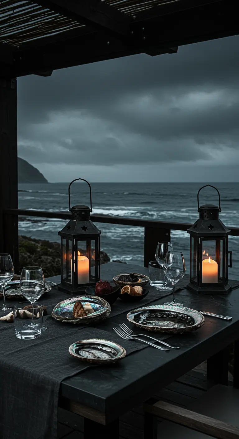 Dark tablescape with black lanterns and abalone shell plates overlooking a stormy sea.